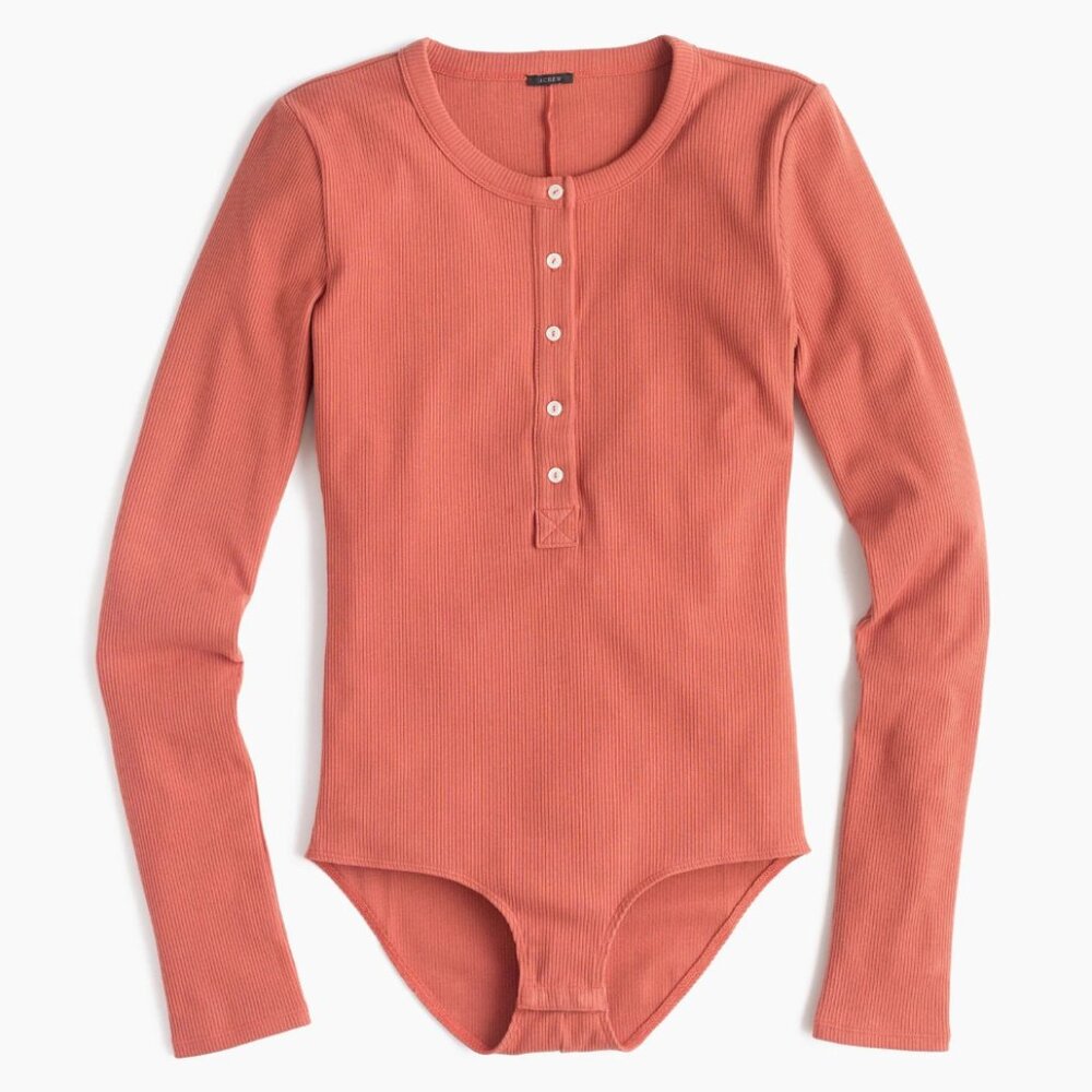 J. Crew Ribbed Long Sleeve Henley Bodysuit Burnt Orange Red Womens Size M
